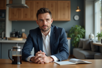 Homme en costume assis à la cuisine avec presse française
