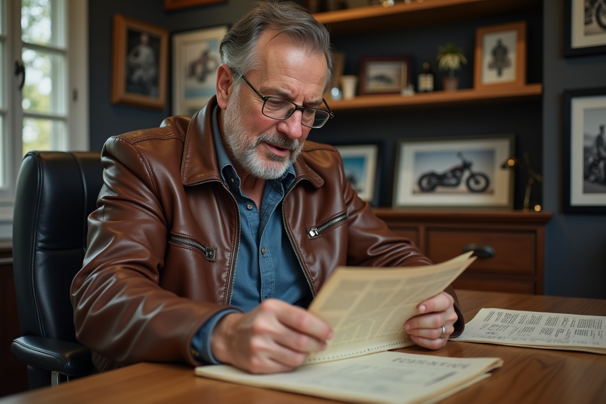 Homme d'âge moyen examine documents de moto dans son bureau