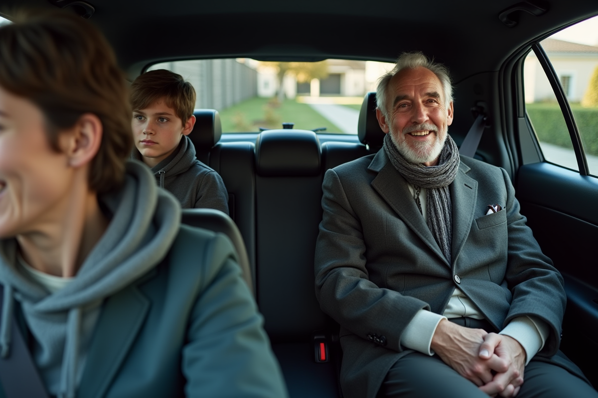 Homme âgé souriant dans une voiture en famille