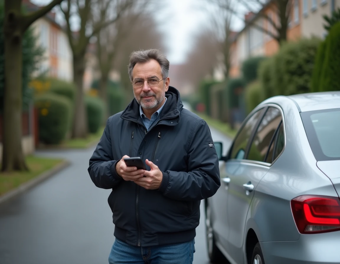 Homme comparant des assurances auto sur smartphone à côté de sa voiture