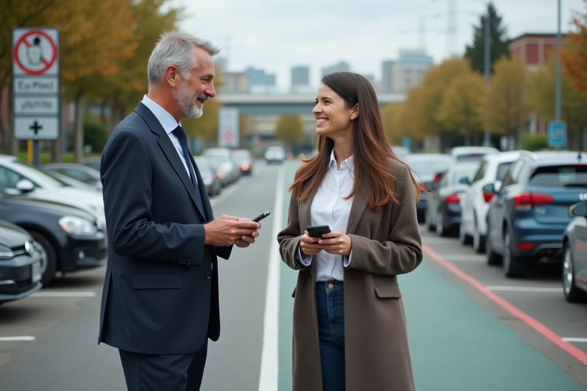 Homme d affaires souriant avec une jeune femme dans un parking urbain