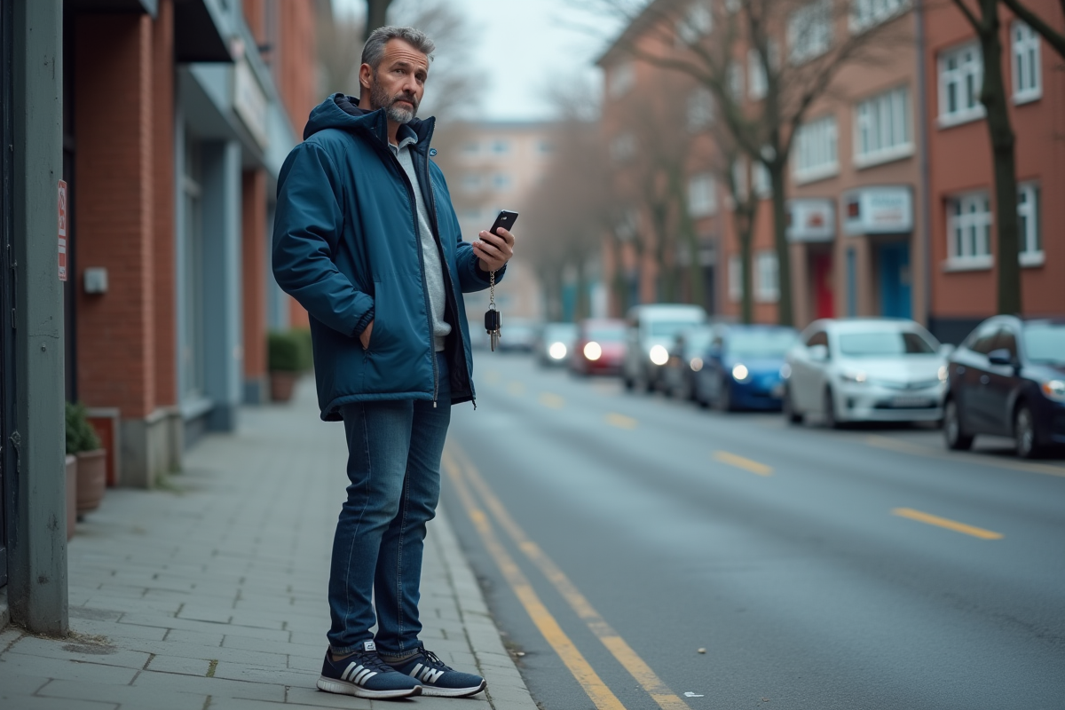 Homme inquiet devant une place de parking vide en ville