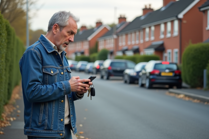 Homme surpris devant une place de parking vide dans un quartier résidentiel