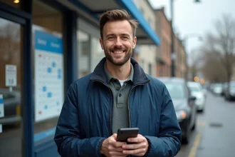 Homme consultant son téléphone pour annuler ou déplacer un rendez-vous Carglass devant une station de réparation de pare-brise