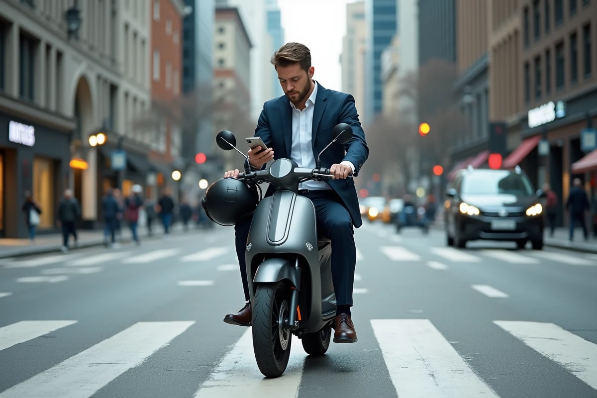 Homme en urban casual vérifiant smartphone sur moto électrique