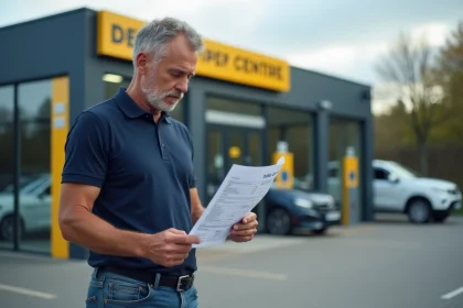 Homme d age moyen regardant un devis de prix de service devant un centre DEKRA