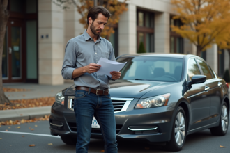 Homme vérifiant papiers de sa voiture en parking