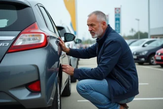 Homme vérifiant l'usure des pneus d'une voiture en extérieur