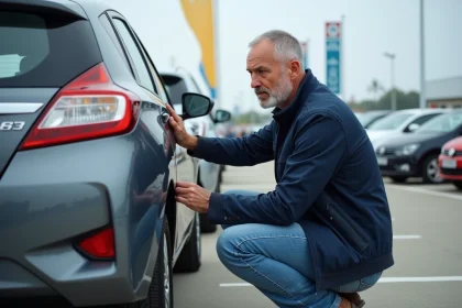 Homme vérifiant l'usure des pneus d'une voiture en extérieur