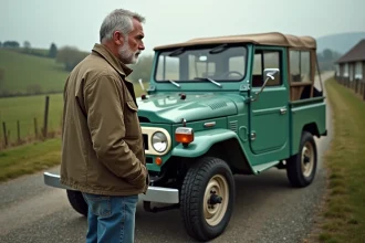 Homme d'une cinquantaine inspectant une Toyota 100 hdj en campagne