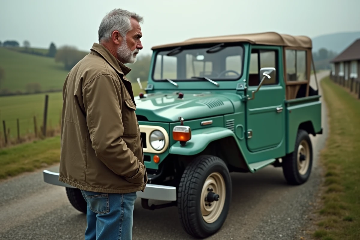 Homme d'une cinquantaine inspectant une Toyota 100 hdj en campagne