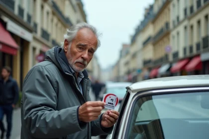 Homme tenant une vignette Crit'Air devant sa voiture diesel garée dans une rue parisienne, illustrant les changements liés à la suppression des ZFE