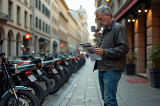 Homme d'âge moyen regarde un flyer de moto disparue dans la ville