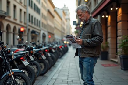 Homme d'âge moyen regarde un flyer de moto disparue dans la ville