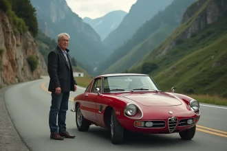 Homme en veste de conduite près d'une Alfa Romeo en montagne