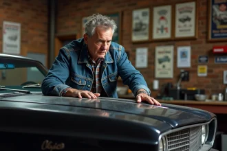 Homme en denim polissant une voiture classique dans un garage