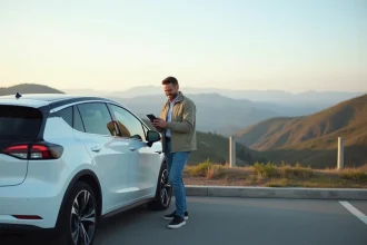 Homme d'âge moyen avec voiture électrique en paysage