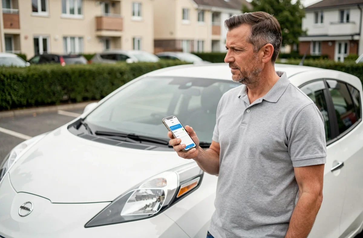 Homme debout à côté d'une voiture électrique blanche consultant une simulation d'assurance auto sur smartphone