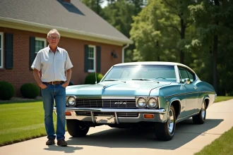 Homme devant une Chevrolet Impala 1967 dans la cour