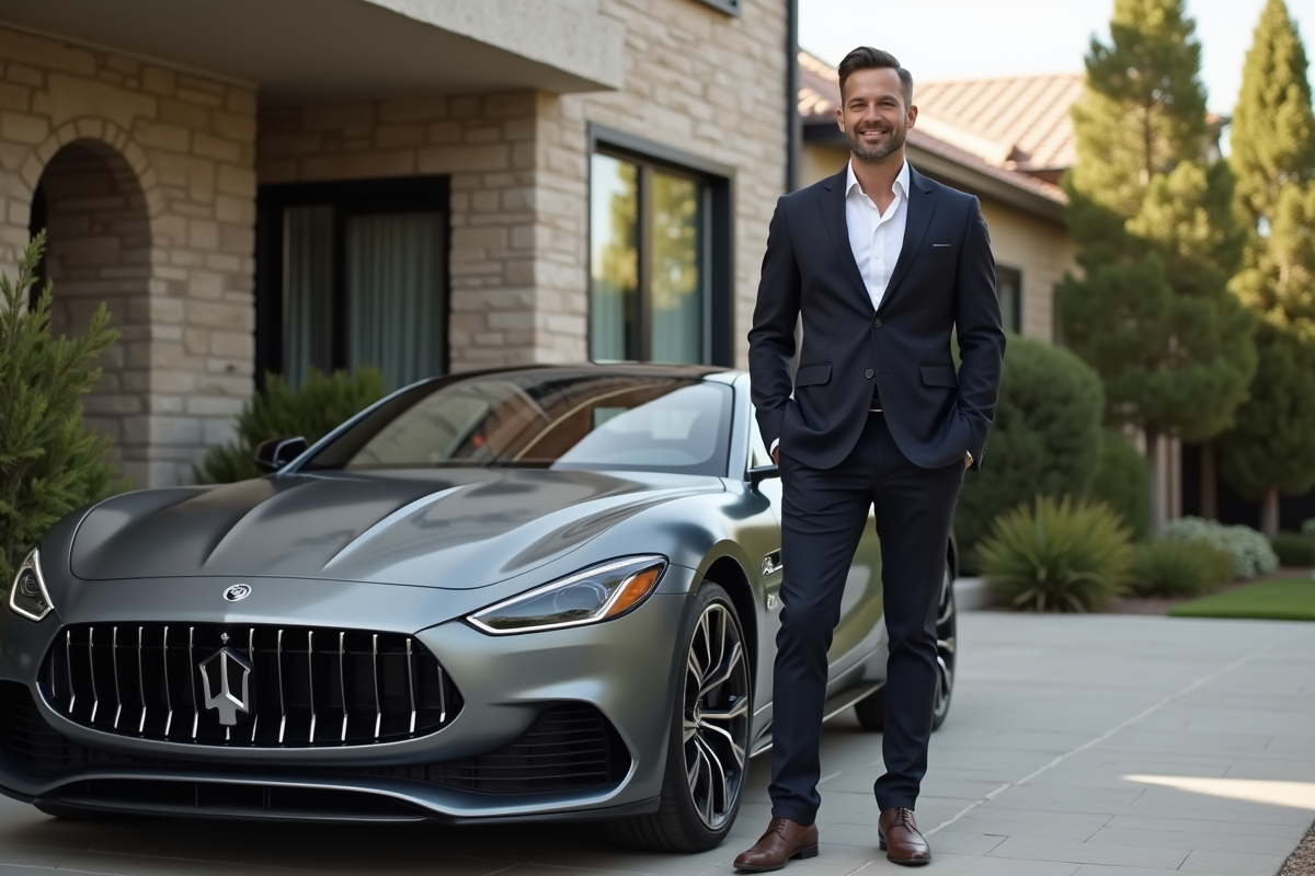 Homme en blazer près d'une voiture de luxe dans une résidence élégante