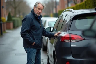 Homme d'âge moyen examine la porte d'une voiture moderne