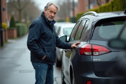 Homme d'âge moyen examine la porte d'une voiture moderne