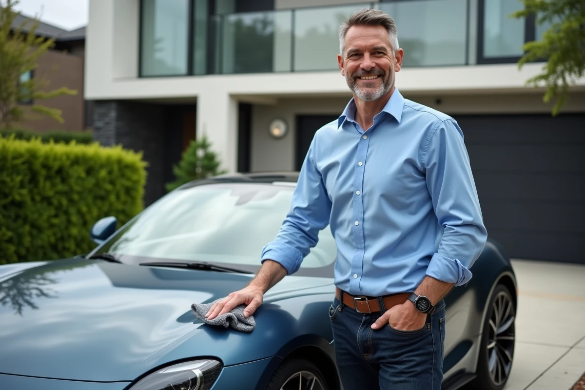 Homme confiant polissant une voiture sportive dans une allée moderne