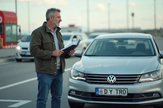 Homme d'âge moyen près d'une voiture turque dans un parking de douane