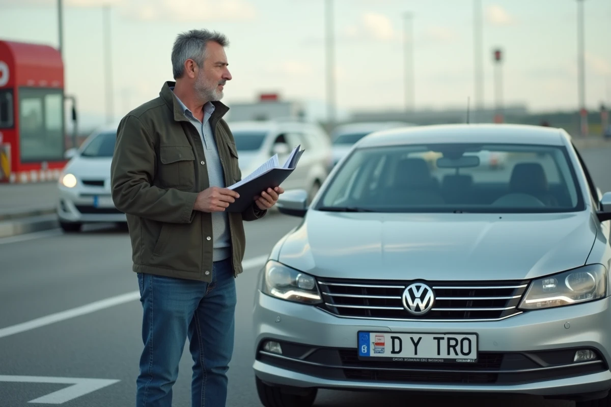 Homme d'âge moyen près d'une voiture turque dans un parking de douane