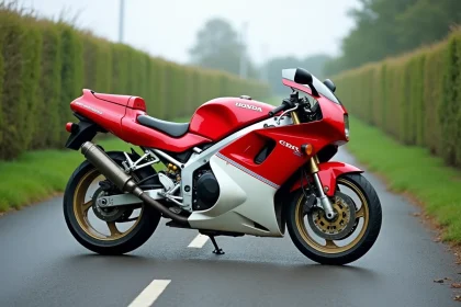 Honda CBR 1000 F de profil garée sur une route de campagne, montrant la carrosserie semi-carénée emblématique en rouge et blanc avec des détails d'usure réalistes