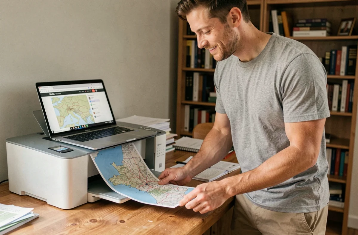 Homme imprimant une carte des autoroutes de France depuis son bureau à domicile