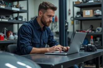Ingénieur automobile inspectant un module ECU dans un atelier moderne