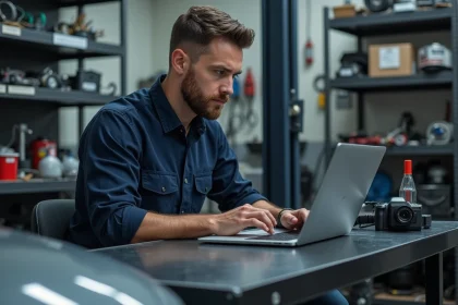 Ingénieur automobile inspectant un module ECU dans un atelier moderne