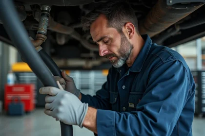 Mécanicien inspectant une durite de frein ABS sous un véhicule surélevé dans un atelier automobile professionnel