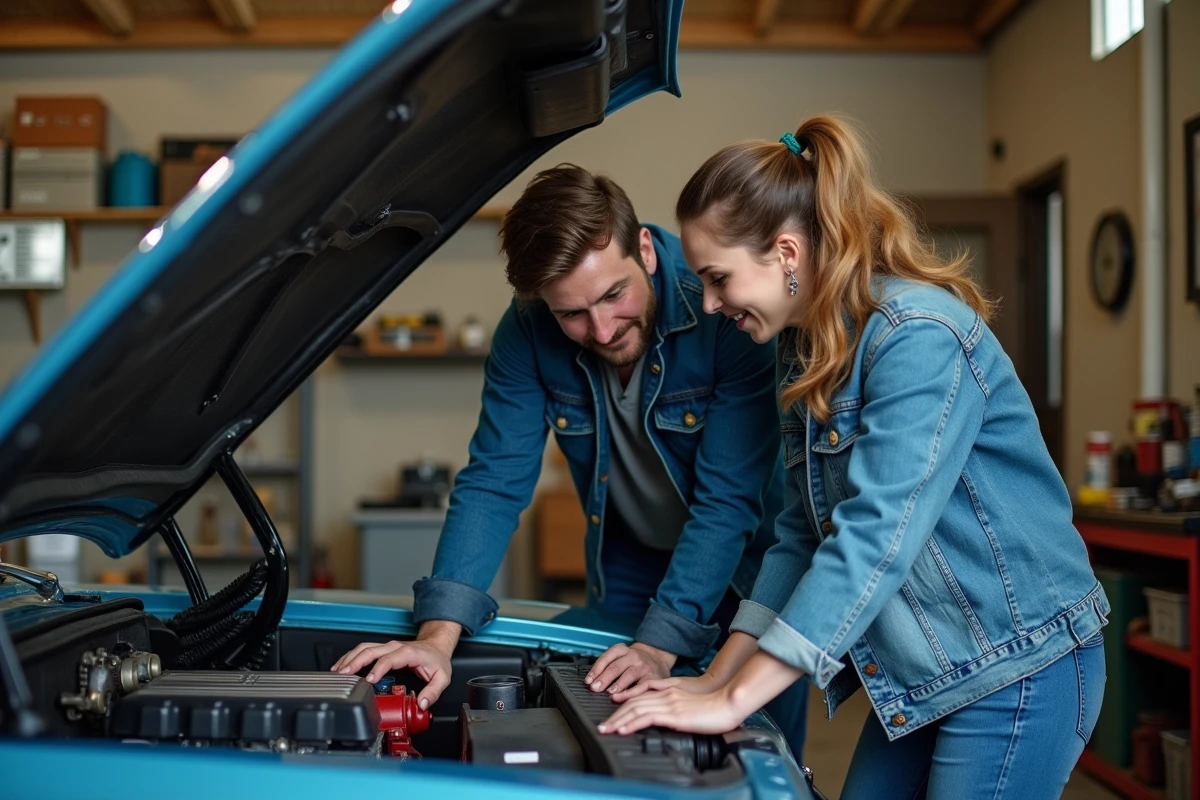 Deux passionnes examinent le moteur d