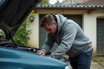 Homme inspectant le moteur d'une Peugeot 306 Maxi lors d'une expertise avant achat dans une allée résidentielle