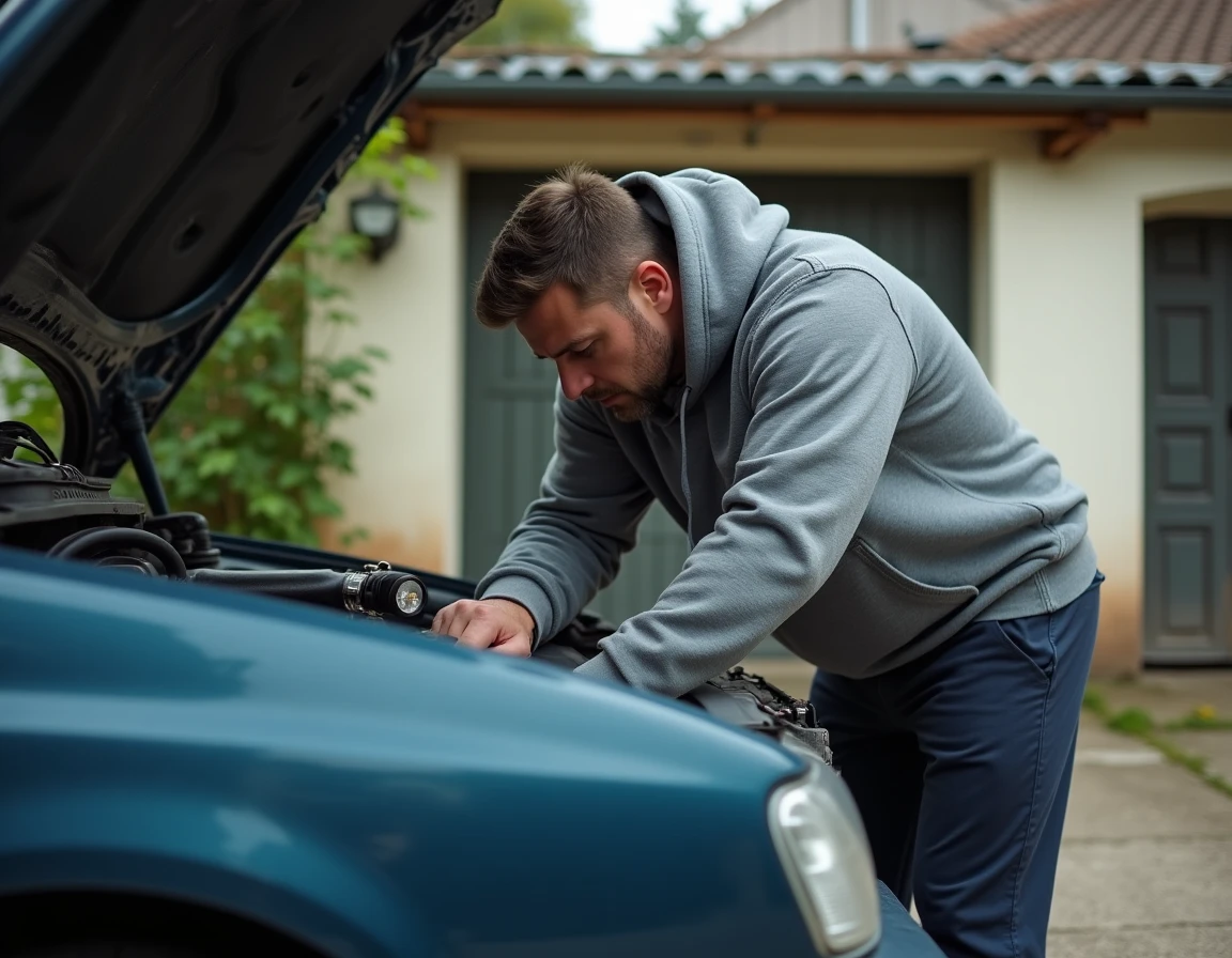 Homme inspectant le moteur d'une Peugeot 306 Maxi lors d'une expertise avant achat dans une allée résidentielle