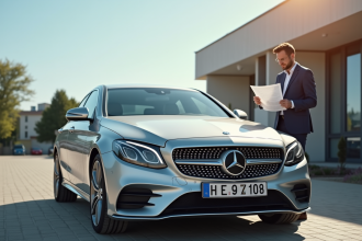 Homme inspectant une voiture d'occasion allemande en concession