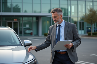 Homme en costume inspectant une voiture argentée en extérieur