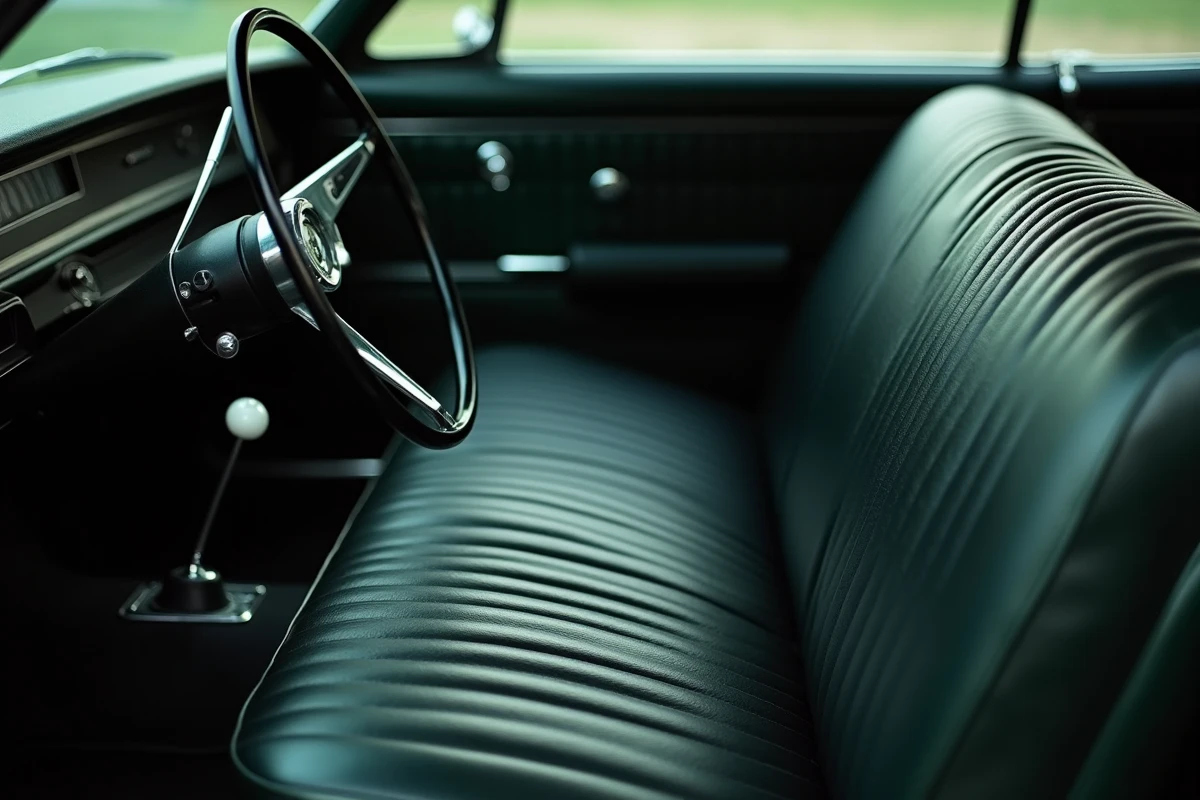 Intérieur vintage d'une Chevrolet Impala 1967 automatique avec sélecteur de vitesse chromé sur colonne de direction et tableau de bord d'époque