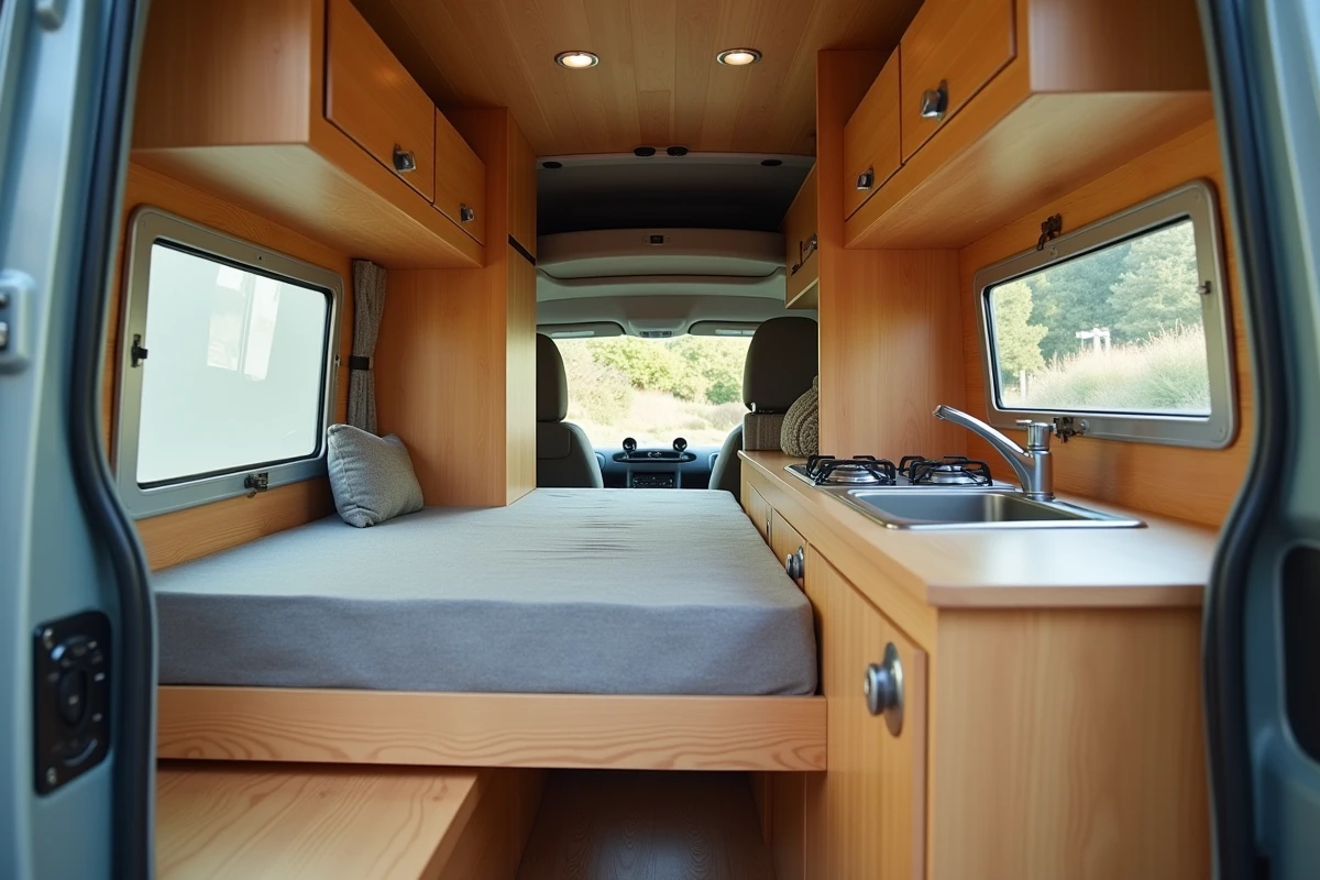 Intérieur aménagé d'un fourgon occasion avec couchage, cuisine compacte et rangements en bois naturel