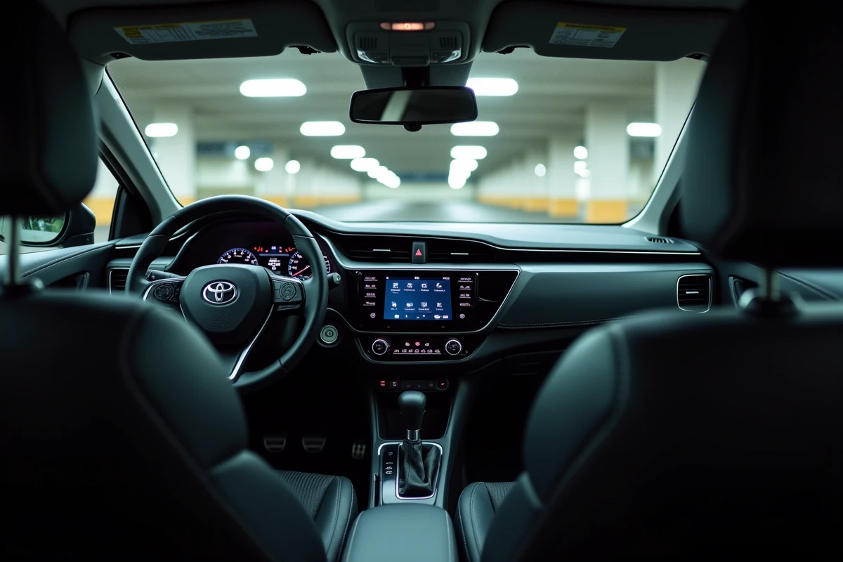 Intérieur usé après 3 ans d'une Toyota Corolla montrant le tableau de bord, le volant et les sièges en conditions réelles