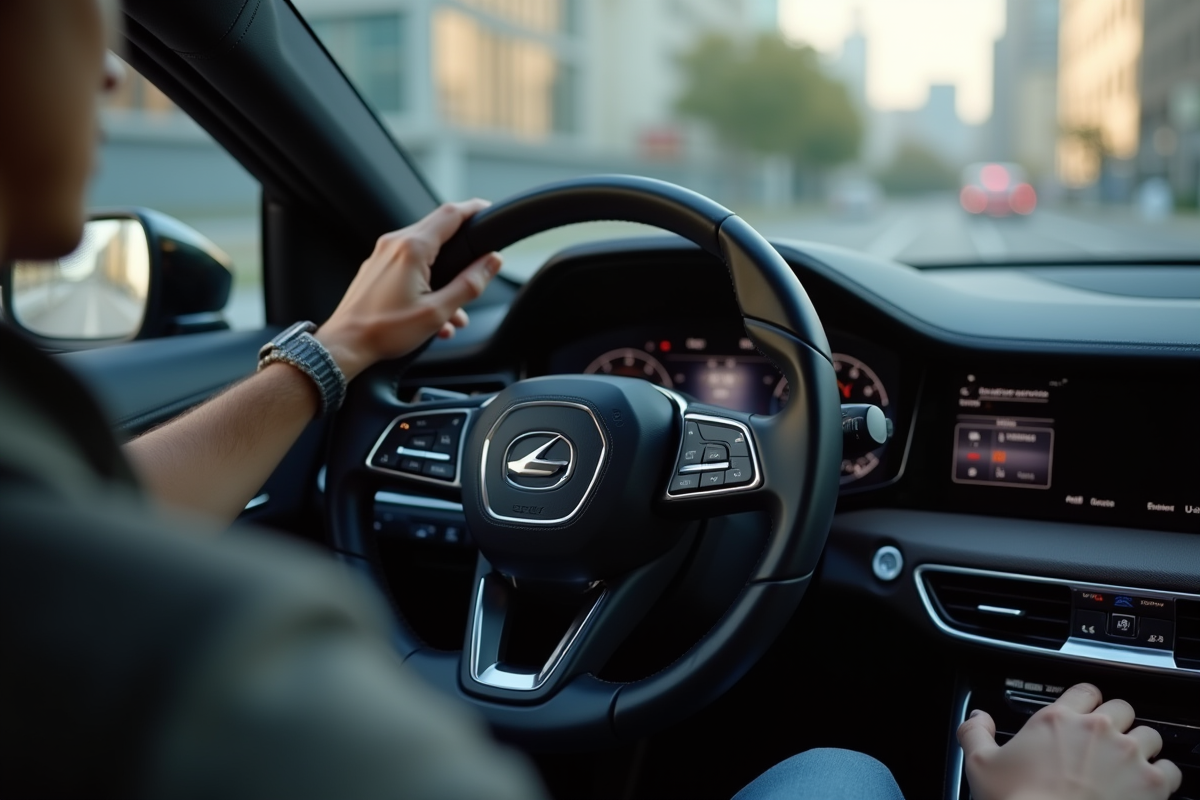 Détail du volant en cuir et tableau de bord lumineux dans une voiture haut de gamme