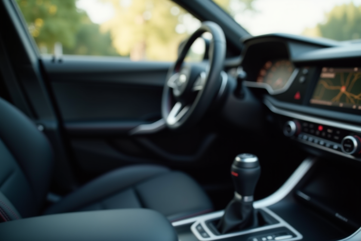 Intérieur moderne de voiture avec levier de vitesse lumineux