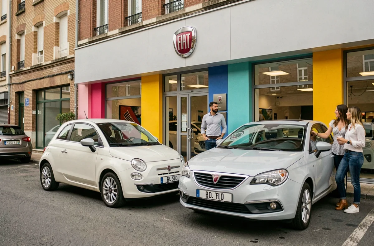 Concession Ital Auto 49 à Angers spécialisée Fiat et Lancia avec des véhicules exposés devant la façade colorée