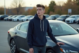 Jeune conducteur en sweat bleu marine appuyé sur une voiture compacte dans un parking suburbain, illustrant la question de la puissance autorisée pour les nouveaux permis
