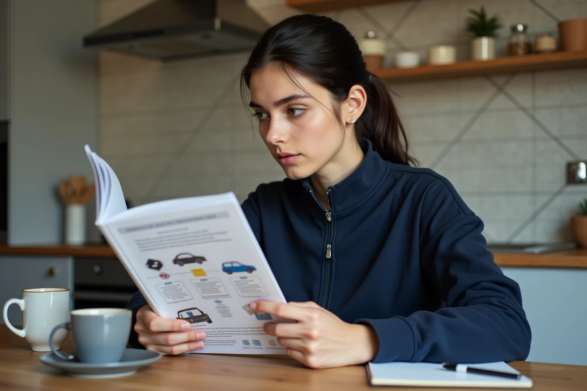 Jeune conductrice étudiant le code de la route et les panneaux de signalisation dont le losange jaune à la maison