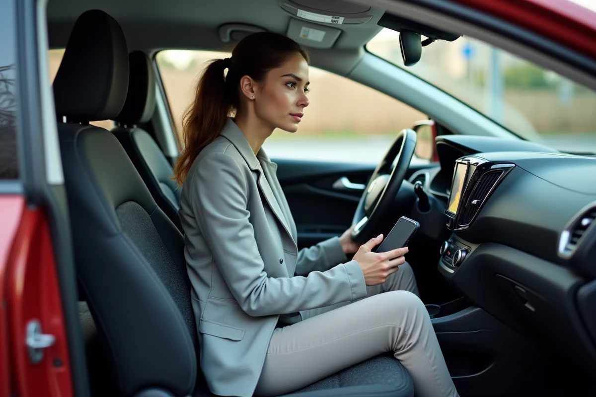 Jeune conductrice assise au volant d'une citadine moderne, consultant le tableau de bord, évoquant la gestion de la puissance moteur pour les jeunes permis