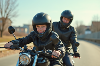 Jeune homme en cours de moto en plein air avec instructeur