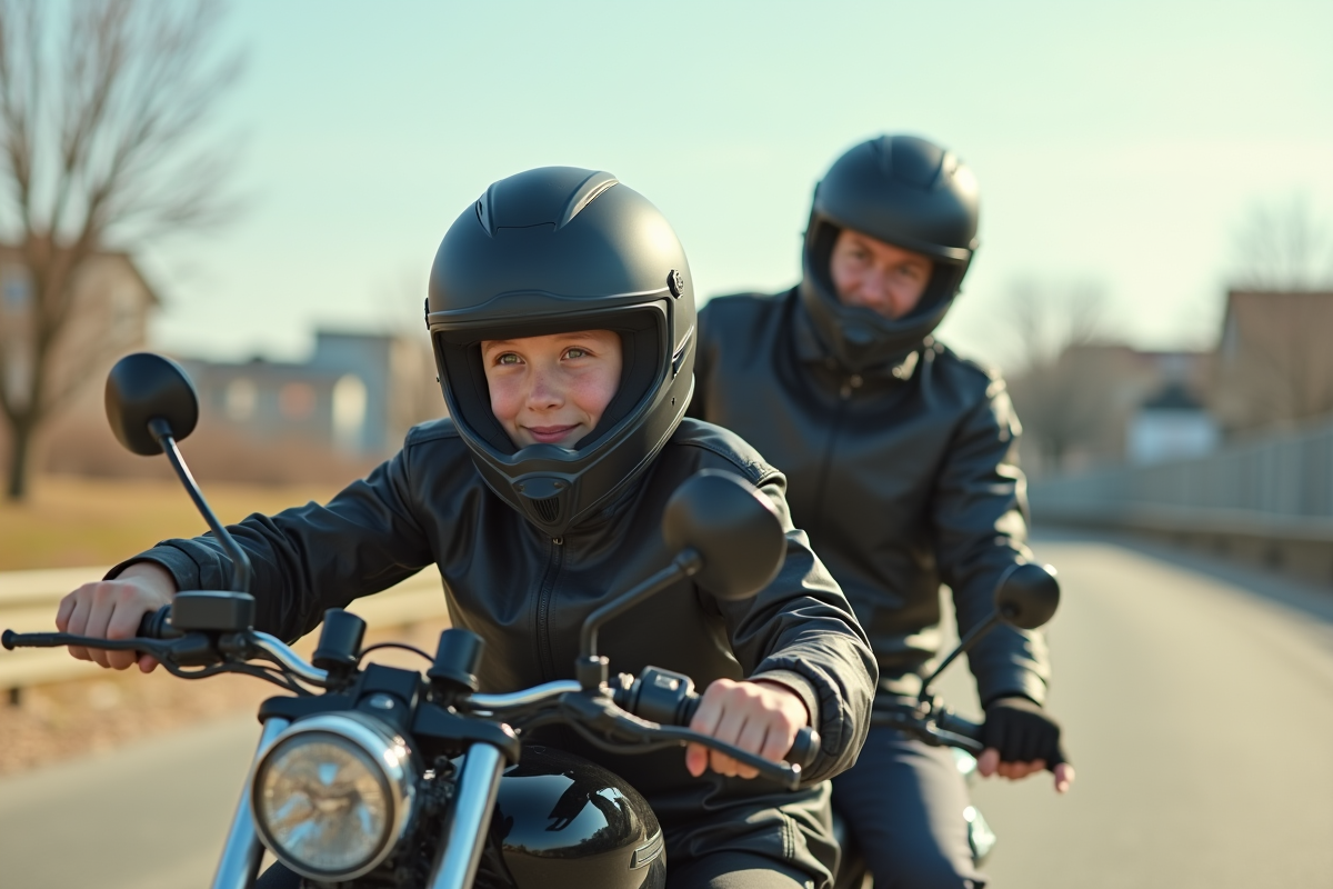 Jeune homme en cours de moto en plein air avec instructeur
